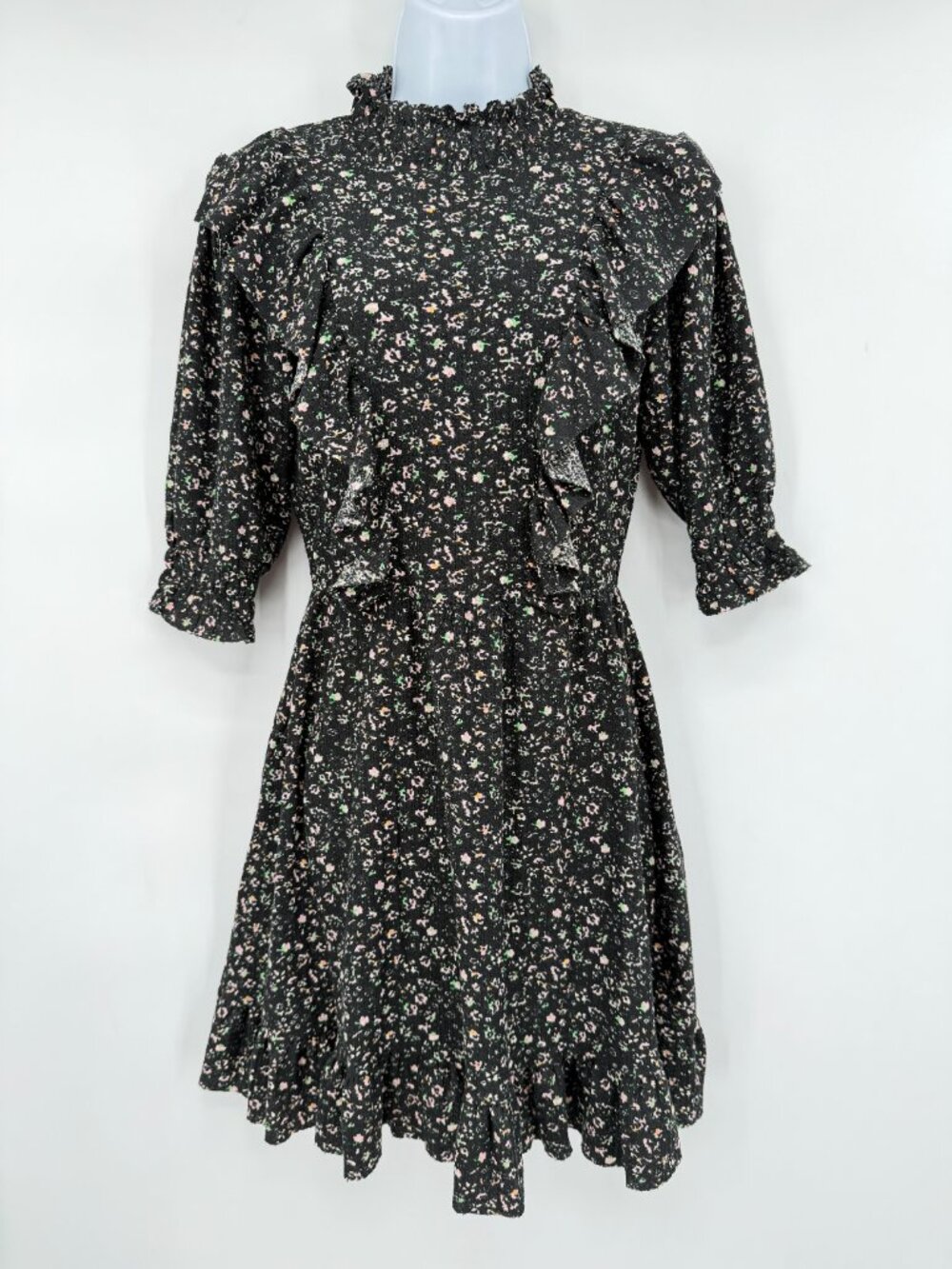 Zara Women’s S Black Floral Ruffle Mini Dress High Neck 3/4 Sleeve Cottagecore